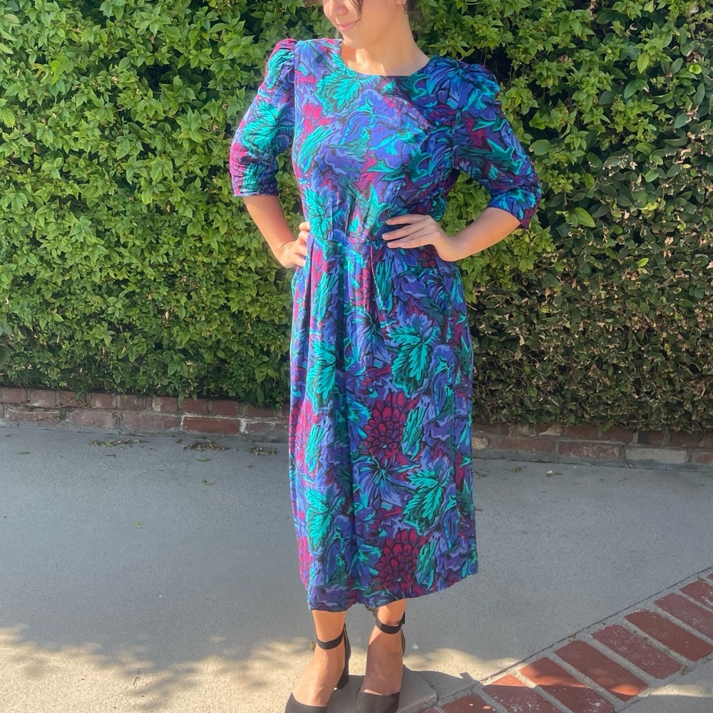 Vintage 80s Floral Midi Dress Secretary Tea Modest Bold Shoulder Pads Vtg Large - Picture 8 of 15